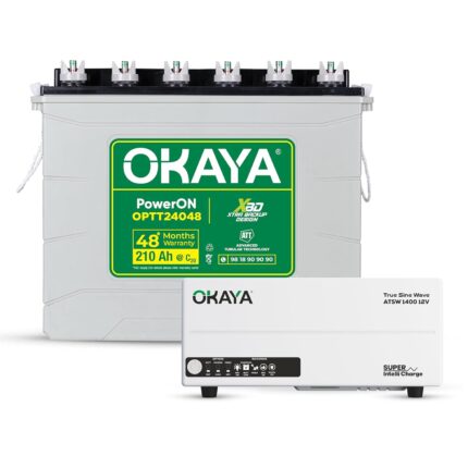 Okaya Inverter with Battery Combo for Home,Office & Shops | ATSW 1400 12V Pure Sine Wave Inverter 1150VA with 36 Months Warranty & OPTT24048 210Ah Tall Tubular Battery with 48 Months Warranty