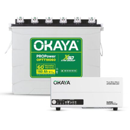 Okaya Inverter with Battery Combo for Home,Office & Shops | ATSW950 12V True Sine Wave Inverter 700VA with OPTT19060 160Ah Inverter Battery |Warranty: 36 Months(Inverter) & 60 Month(Battery)