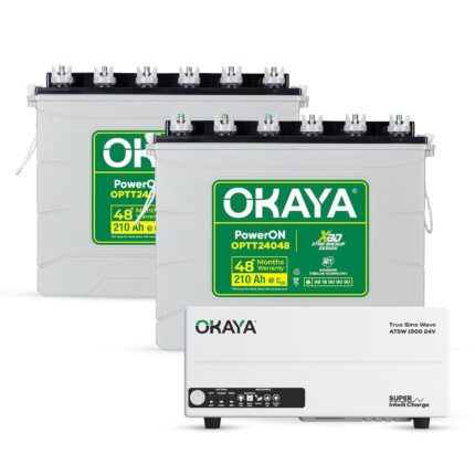 Okaya Inverter with Two Batteries Combo for Home,Office & Shops|ATSW 1900 24V Pure Sine Wave Inverter 1650VA with OPTT24048 210Ah Batteries |Warranty: 36 Months(Inv) & 48 Month(Battery)